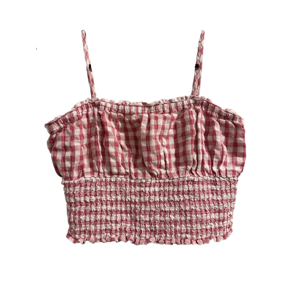 AE Pink Gingham Smocked Cami Crop Top Checkered Ruffle Spaghetti Strap‎ Tank